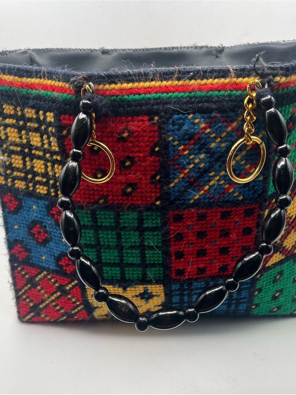 Vtg 70s Needlepoint Patchwork  Colorblock Woven Tote Bag with Black Beaded Hand